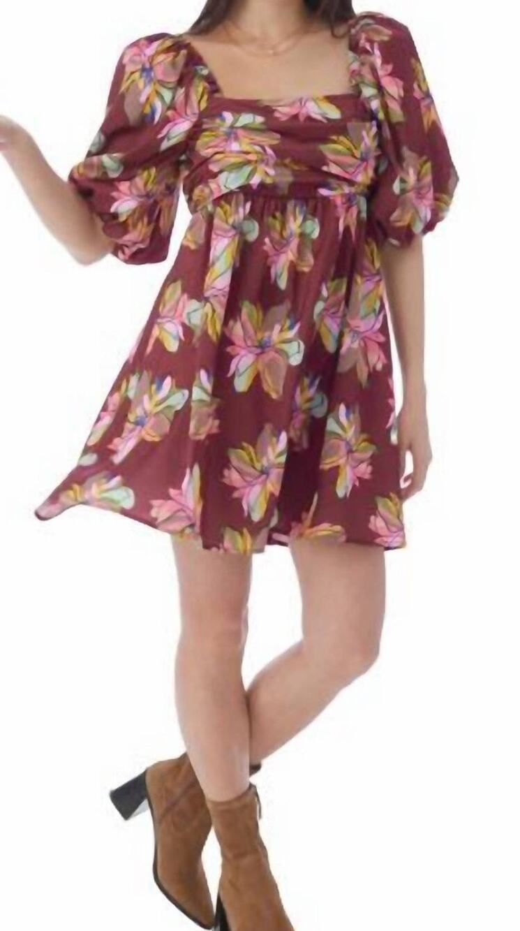 Crosby by Mollie Burch Mini Dress Puff Sleeve Burgundy Floral Babydoll New
